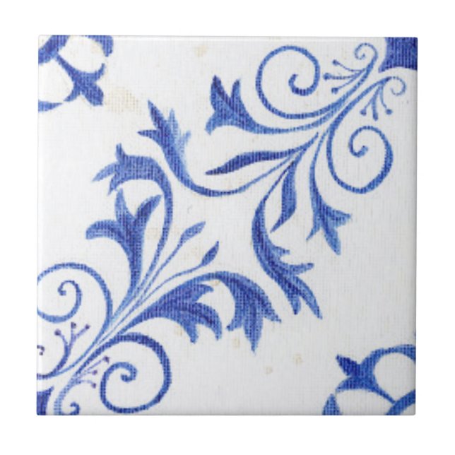 Blue White Farmhouse Rustic Scroll n Leaf Pattern  Ceramic Tile (Front)