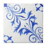 Blue White Farmhouse Rustic Scroll n Leaf Pattern Ceramic Tile