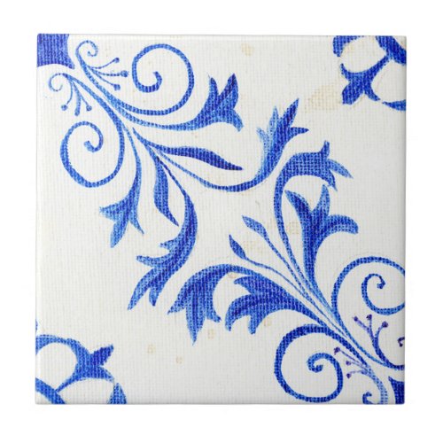 Blue White Farmhouse Rustic Scroll n Leaf Pattern Ceramic Tile