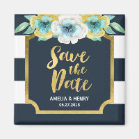Blue White & Faux Gold Floral Save the Date Magnet