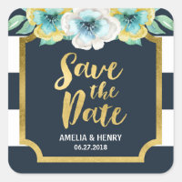 Blue White & Faux Gold Floral Save the Date Square Sticker