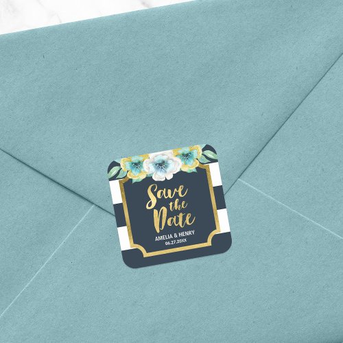 Blue White  Faux Gold Floral Save the Date Square Sticker