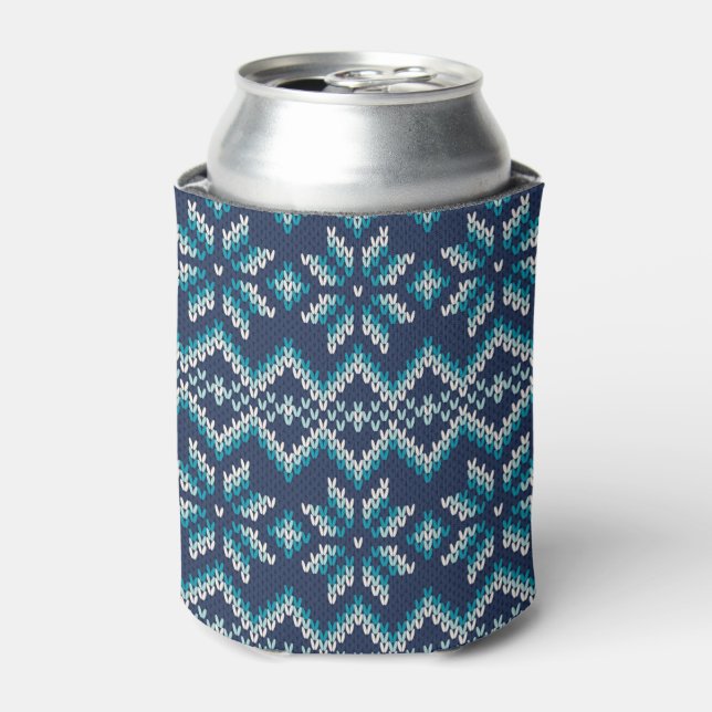 Blue & White Faux Knit Sweater Snowflakes Pattern Can Cooler (Can Front)