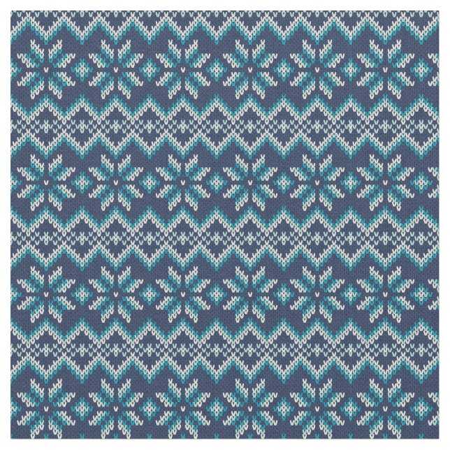 Blue & White Faux Knit Sweater Snowflakes Pattern Fabric (Close Up)