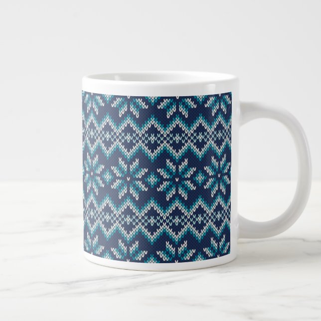Blue & White Faux Knit Sweater Snowflakes Pattern  Giant Coffee Mug (Right)
