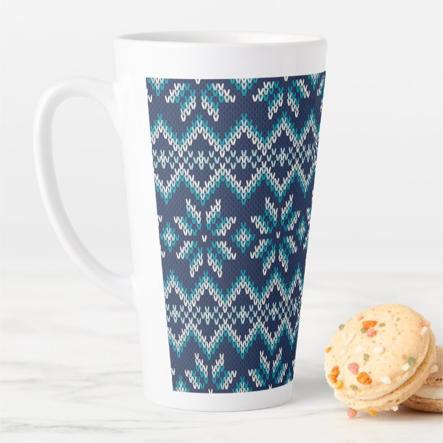 Blue & White Faux Knit Sweater Snowflakes Pattern  Latte Mug (In Situ)