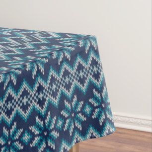 Blue & White Faux Knit Sweater Snowflakes Pattern  Tablecloth