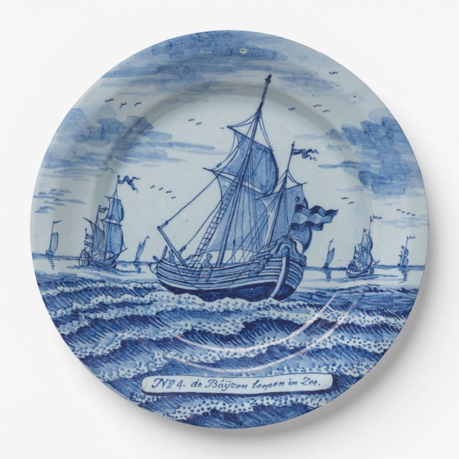 Blue white faux porcelain chinoiserie summer ship  paper plates (Front)
