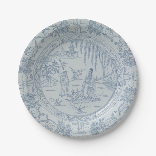 Blue white faux porcelain chinoiserie willow flow paper plates (Front)