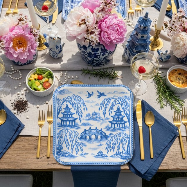 Blue white faux porcelain chinoiserie willow paper plates (Blue white faux porcelain chinoiserie willow paper plates)