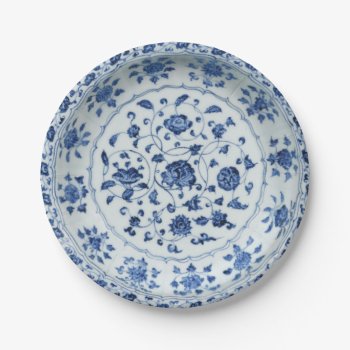 Blue White Faux Porcelain Floral Chinoiserie Flow Paper Plates by iGizmo at Zazzle