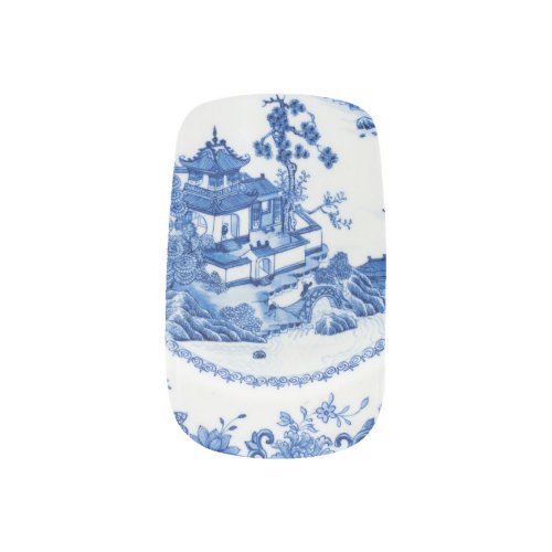 Blue white faux porcelain flow chinoiserie willow minx nail art