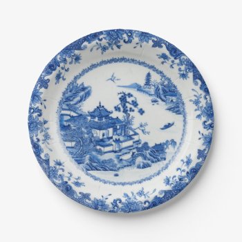 Blue White Faux Porcelain Flow Chinoiserie Willow Paper Plates by iGizmo at Zazzle
