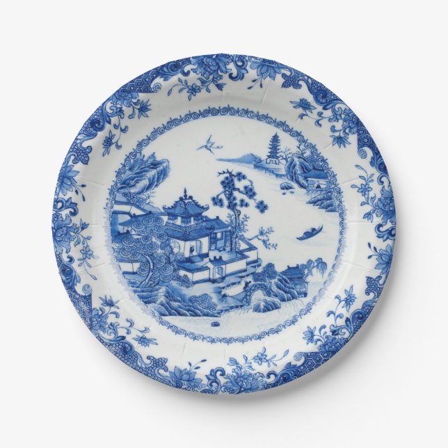 Blue white faux porcelain flow chinoiserie willow paper plates (Front)