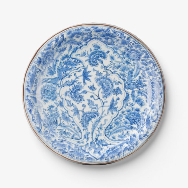 Blue white faux porcelain flow floral willow  paper plates (Front)