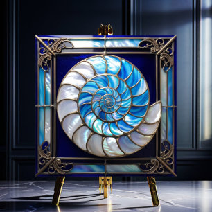 Blue/White Faux Stained-Glass Nautilus Shell 2 Ceramic Tile