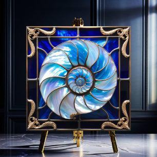 Blue/White Faux Stained-Glass Nautilus Shell 3 Ceramic Tile