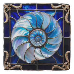 Blue/White Faux Stained-Glass Nautilus Shell 3 Trivet