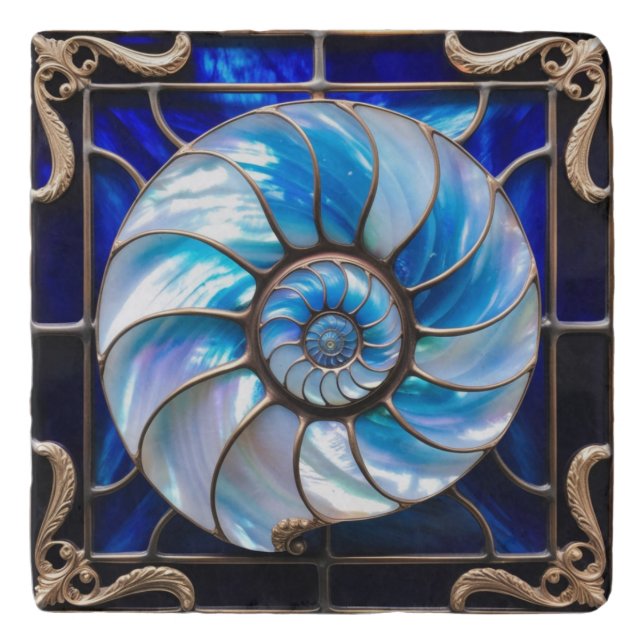 Blue/White Faux Stained-Glass Nautilus Shell 3 Trivet (Front)
