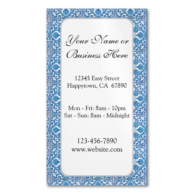 Blue White Faux Tile Pattern Custom Business Card (Front Vertical)