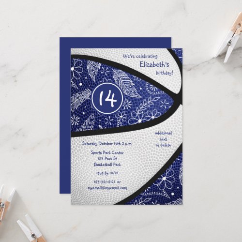 blue white feathers floral boho sports basketball invitation