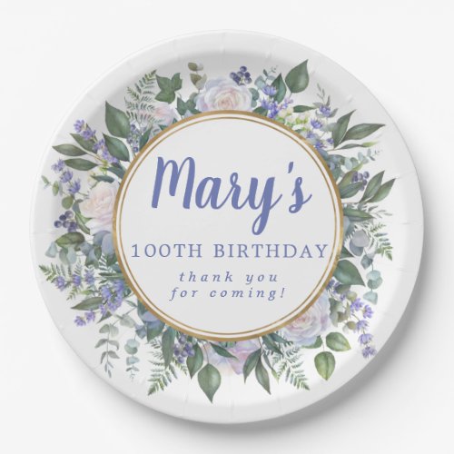 Blue White Floral 100th Birthday Party Paper Plates