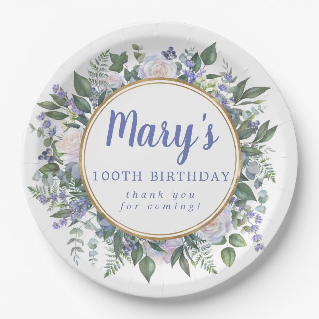 Blue White Floral 100th Birthday Party Paper Plates (Front)