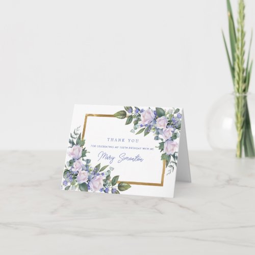 Blue White Floral 100th Birthday Photo Folded Thank You Card