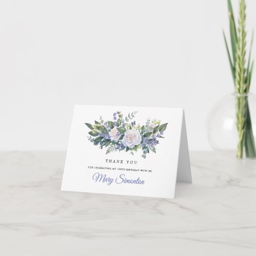 Blue White Floral 100th Birthday Photo Thank You Card