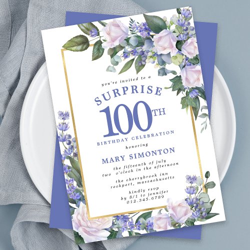 Blue White Floral 100th Birthday Surprise Party