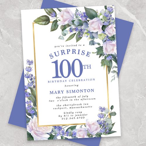 Blue White Floral 100th Birthday Surprise Party Invitation
