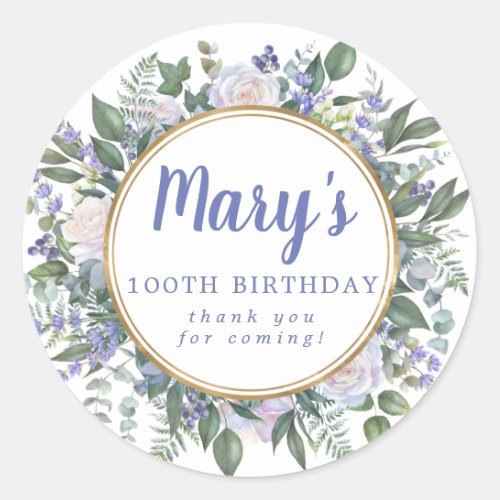 Blue White Floral 100th Birthday Thank You Classic Round Sticker