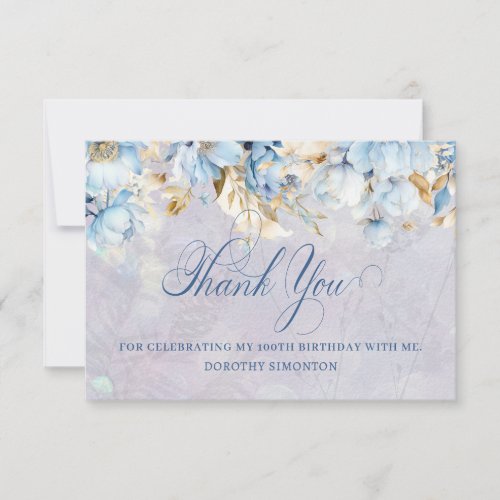 Blue White Floral 100th Birthday Thank You Flat