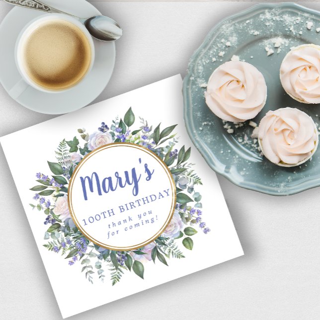 Blue White Floral 100th Birthday Thank You Napkins (Creator Uploaded)
