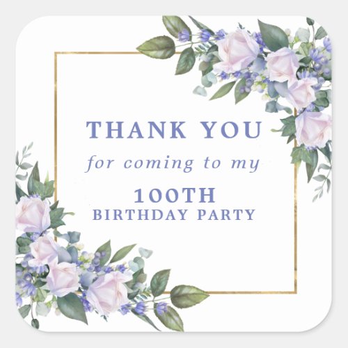 Blue White Floral 100th Birthday Thank You Square Sticker