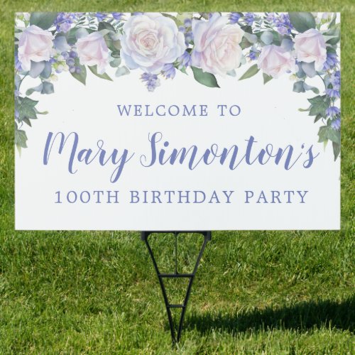 Blue White Floral 100th Birthday Welcome Yard Sign