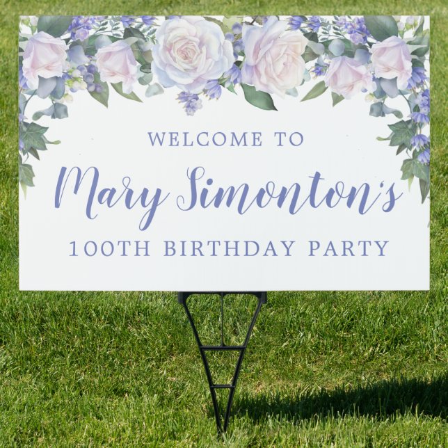 Blue White Floral 100th Birthday Welcome Yard Sign (Insitu)