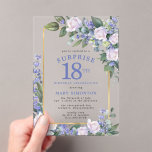 Blue White Floral 18th Birthday Surprise Party Acrylic Invitations<br><div class="desc">Printed on a see-through acrylic background. Honor a special woman with this elegant and feminine 18th Birthday Surprise Party invitation. Surprise and 18th are written in large blue text. Birthday Celebration follows. The honored guest's name is also in blue capital letters. The birthday celebration details are surrounded by a chic...</div>