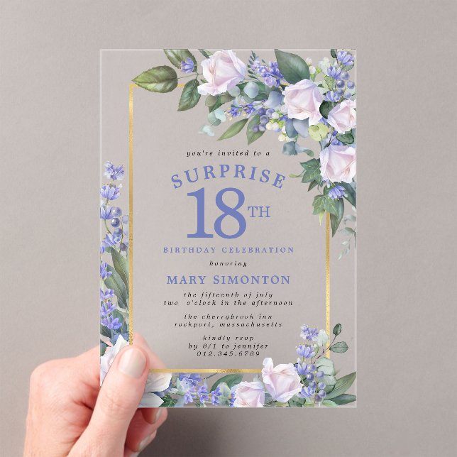 Blue White Floral 18th Birthday Surprise Party Acrylic Invitations (Insitu (Handheld))