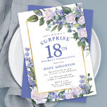 Blue White Floral 18th Birthday Surprise Party Invitation<br><div class="desc">Honor a special woman with this elegant and feminine 19th Birthday Surprise Party invitation. Surprise and the 19th are written in large blue text. Birthday Celebration follows. The honored guest's name is also in blue capital letters. The birthday celebration details are surrounded by a chic gold frame. The floral elements...</div>
