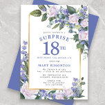 Blue White Floral 18th Birthday Surprise Party Invitation<br><div class="desc">Honor a special woman with this elegant and feminine 18th Birthday Surprise Party invitation. Surprise and 18th are written in large blue text. Birthday Celebration follows. The honored guest's name is also in blue capital letters. The birthday celebration details are surrounded by a chic gold frame. The floral elements are...</div>