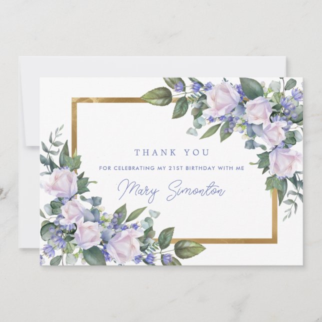 Blue White Floral 21st Birthday Photo Flat Thank You Card (Front)