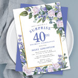 Blue White Floral 40th Birthday Surprise Party Invitation<br><div class="desc">Honor a special woman with this elegant and feminine 40th Birthday Surprise Party invitation. Surprise and the 40th are written in large blue text. Birthday Celebration follows. The honored guest's name is also in blue capital letters. The birthday celebration details are surrounded by a chic gold frame. The floral elements...</div>