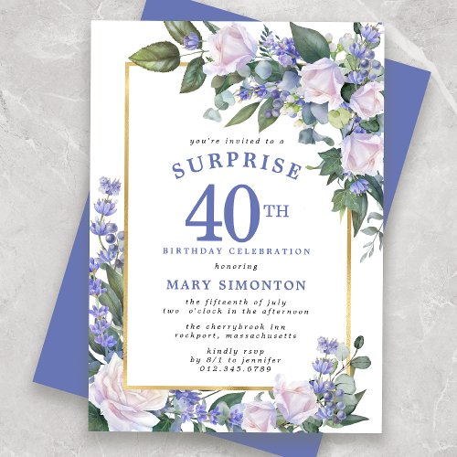 Blue White Floral 40th Birthday Surprise Party Invitation