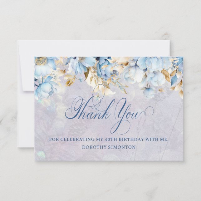 Blue White Floral 40th Birthday Thank You Flat Card (Front)