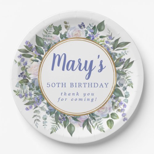 Blue White Floral 50th Birthday Party Paper Plates