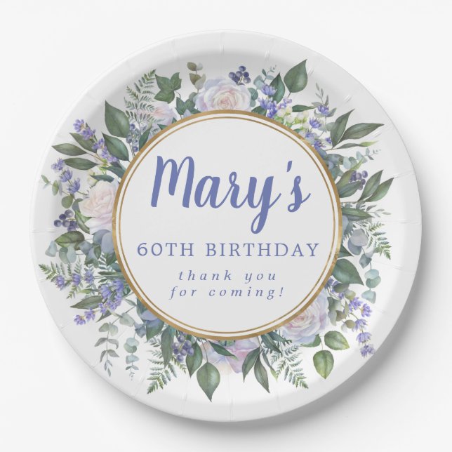 Blue White Floral 60th Birthday Party Paper Plates (Front)