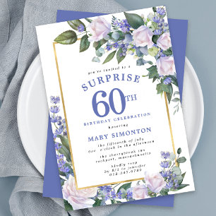 Blue White Floral 60th Birthday Surprise Party Invitation