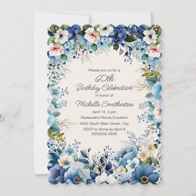 Blue White Floral 60th Scalloped Birthday Invitation (Front)