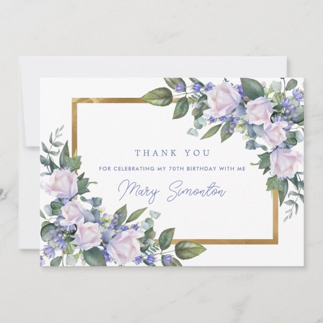 Blue White Floral 70th Birthday Photo Flat Thank You Card (Front)